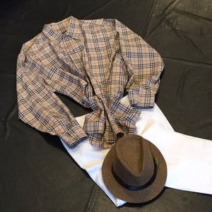Burberry shirt and Calvin Klein linen trousers
